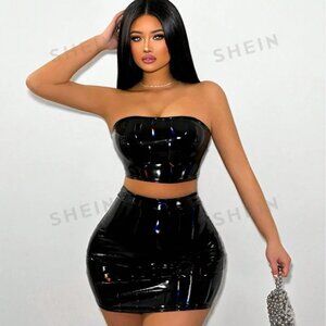 PU Leather Tube Top and Bodycon Skirt Set